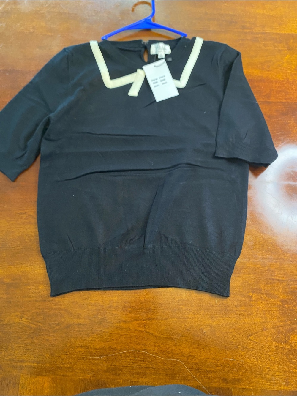 Black Short-Sleeve Crew Sweater with Cream Trim